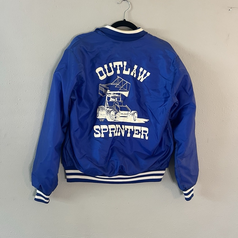 Vintage Outlaw Sprinter Bomber Jacket Mens XL Blue Racing Sprint Car Nylon